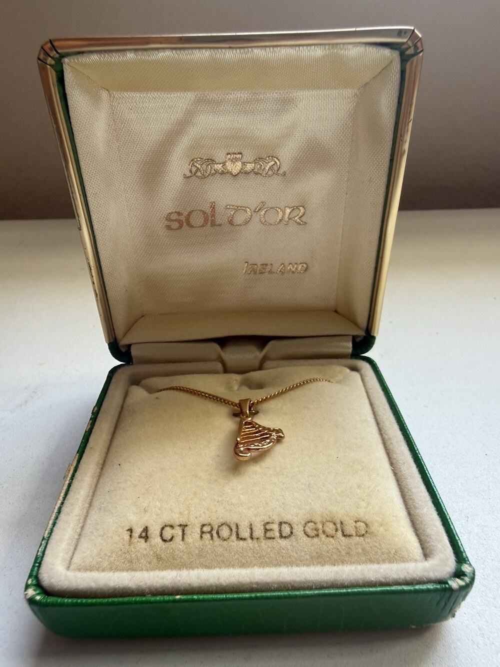 Vintage Sol D’Or Ireland 14ct Rolled Gold Celtic Harp Necklace Germany Boxed